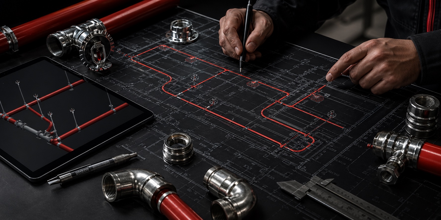 Mekanik tesisat proje çizimi ve kırmızı boru rotaları