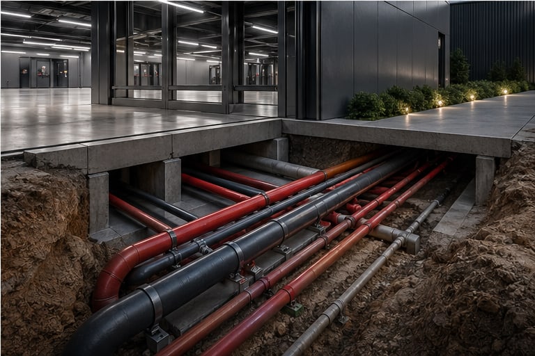 Yeraltı ve sıhhi tesisat hatları için düzenli altyapı geçişi