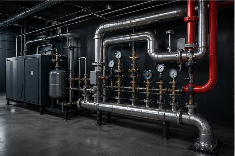 Buhar ve basınçlı hava tesisatı manifold ve gösterge detayları